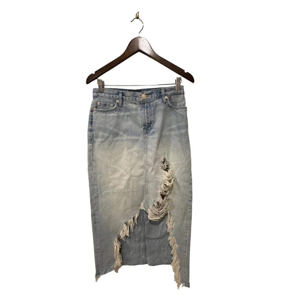 7 For All Mankind Distressed Asymmetrical Denim Maxi Skirt Size 27 - Picture 12 of 13